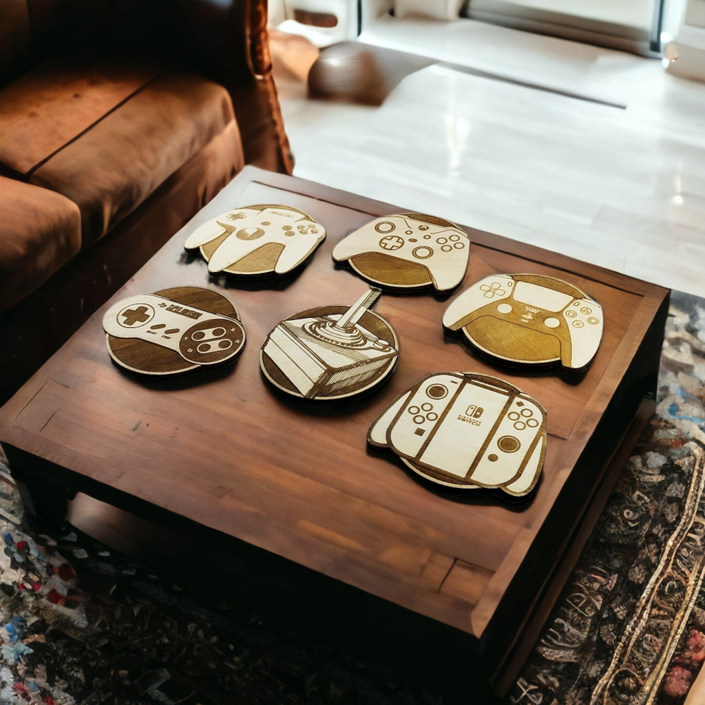 Set of 6 Videogames Controllers Wooden Coasters - Handmade Gift - Housewarming - Wood Kitchenware - Gamer