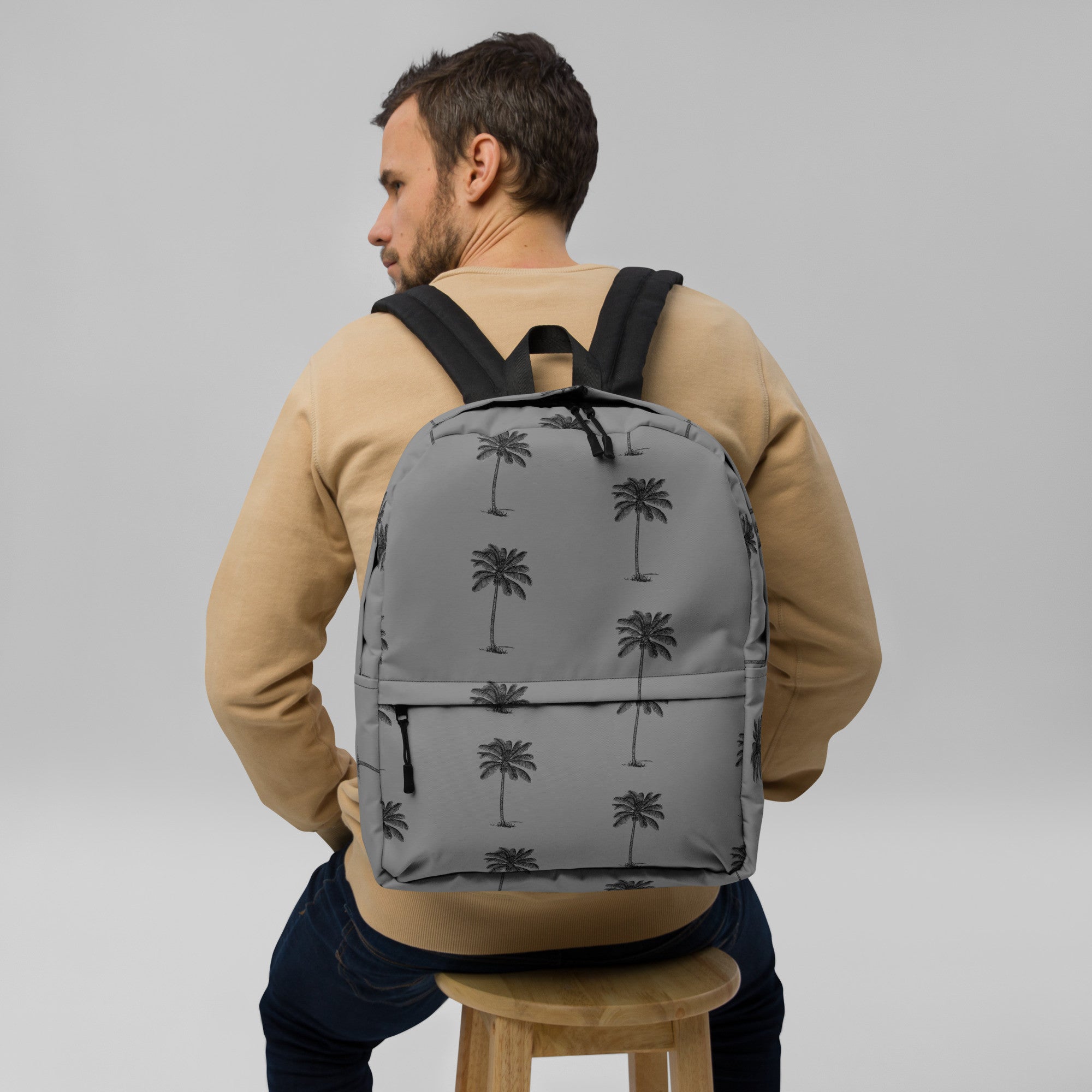 Coco Palm Print Backpack - Grey